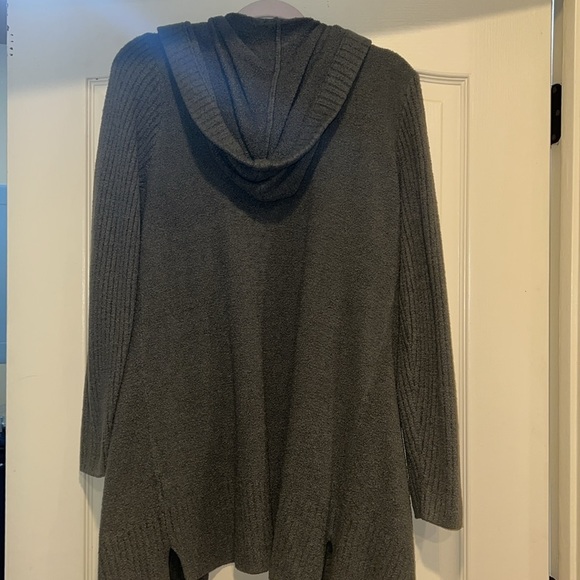 Barefoot Dreams CozyChic Lite Hooded Cardigan with Front Pocket in Gray/Green - Picture 7 of 7
